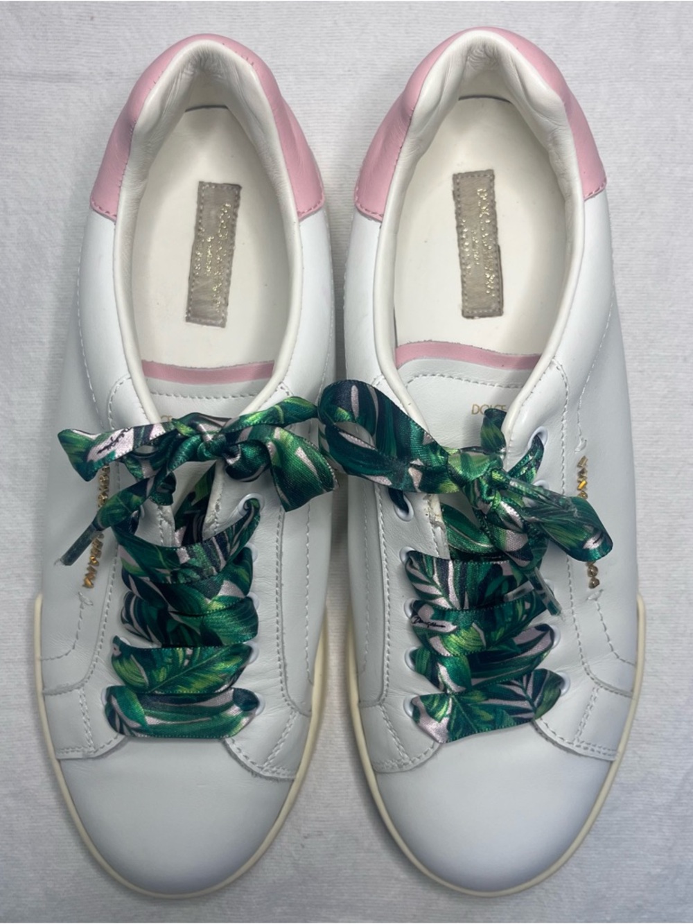 Dolce & Gabbana Portofino White Nappa Leather Sneakers Tropical Silk Laces - 5.5